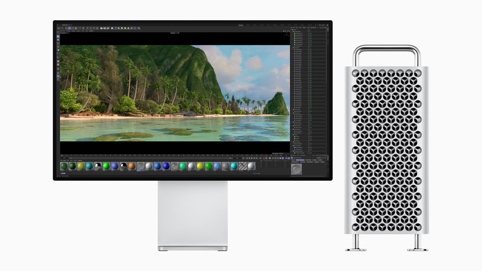 Un Mac Pro avec puce M2 Ultra termine un rendu 3D sur un Mac Studio.
