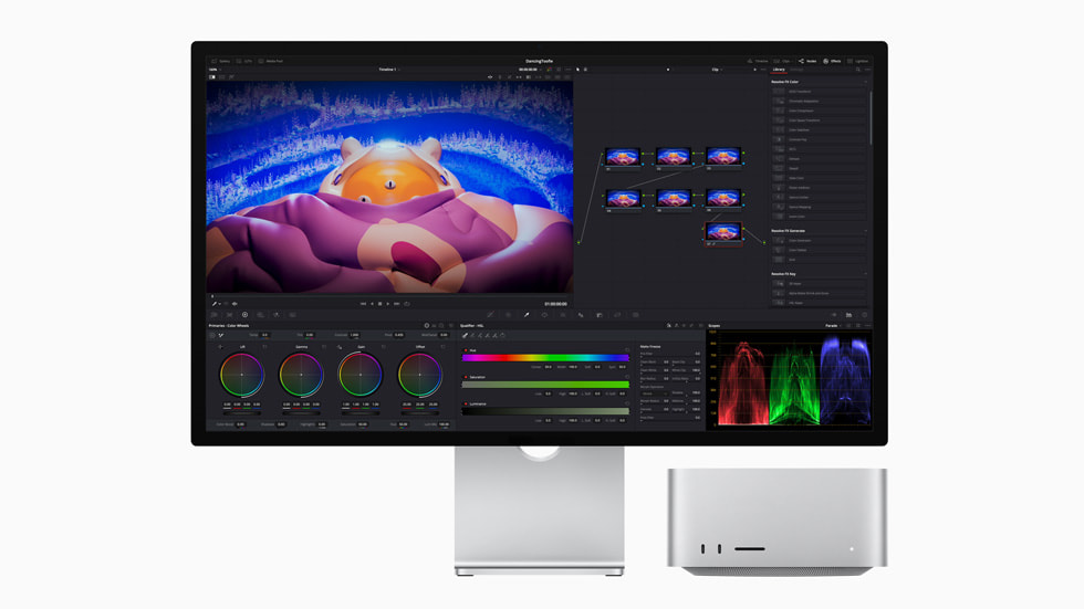 Mac Studio ve Mac Pro’daki Da Vinci Resolve uygulamasında işlenen bir video gösteriliyor.