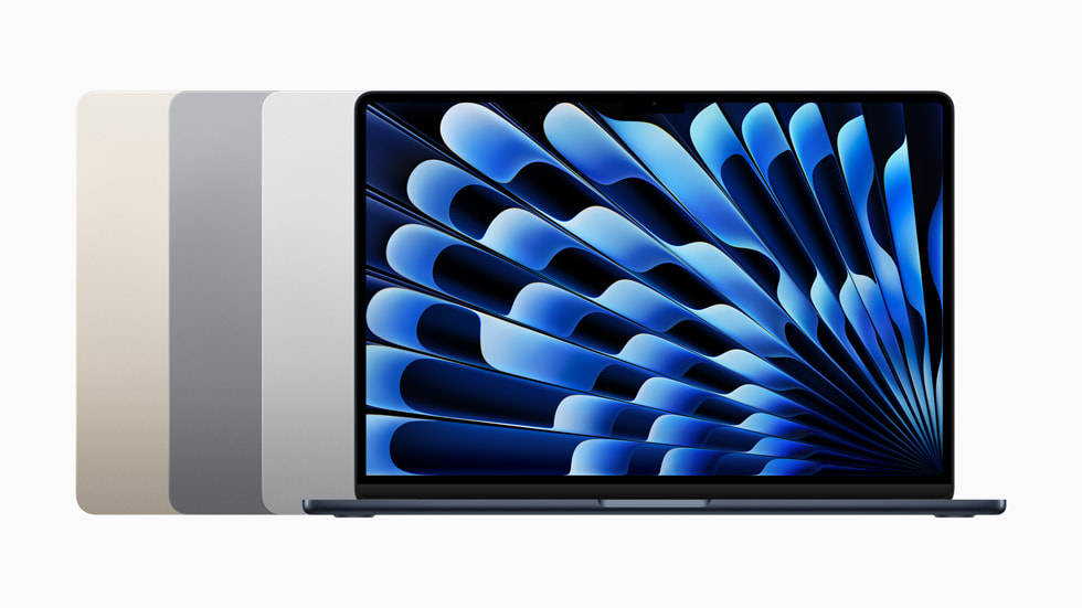 La gamma di colori di MacBook Air 15 pollici, che include galassia, grigio siderale, argento e mezzanotte.