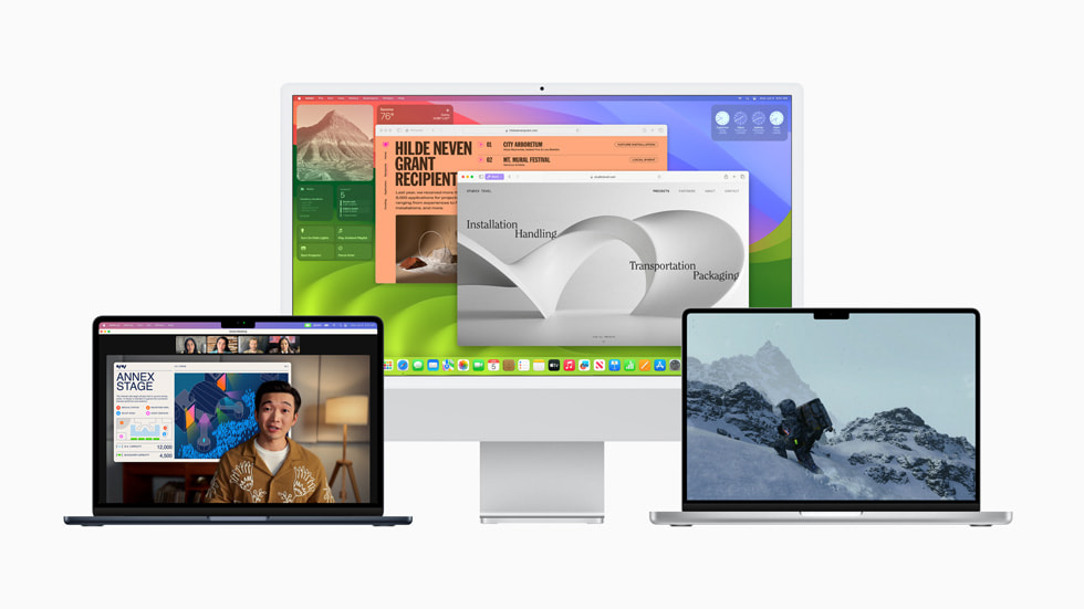 macOS Sonoma displayed on MacBook Air, the 27-inch iMac, and MacBook Pro.