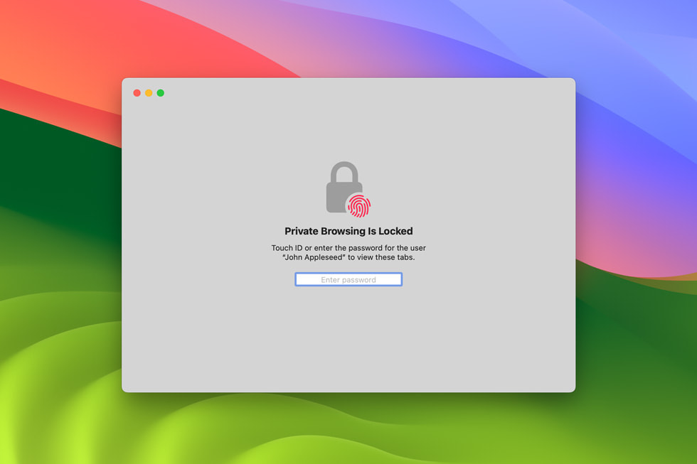 En skärm med ett låst surfningsfönster i Safari där det krävs Touch ID eller ett lösenord för att visa flikarna.
