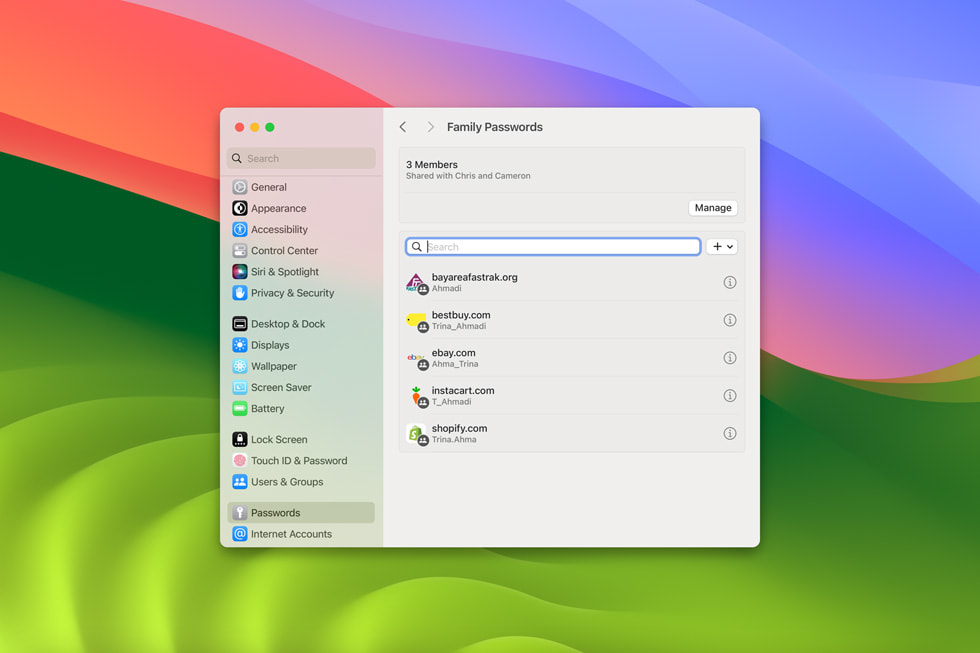 Una schermata sotto Password in Impostazioni di sistema mostra le password condivise tra i membri della famiglia. 
