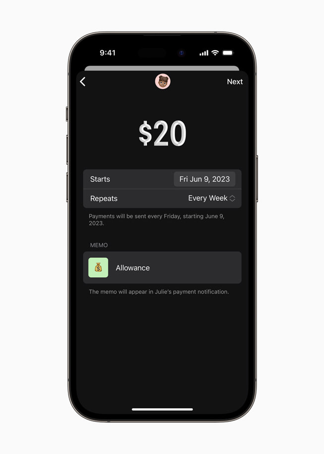 iPhone 14 Pro viser at det utbetales USD 20 i ukepenger i Apple Cash.