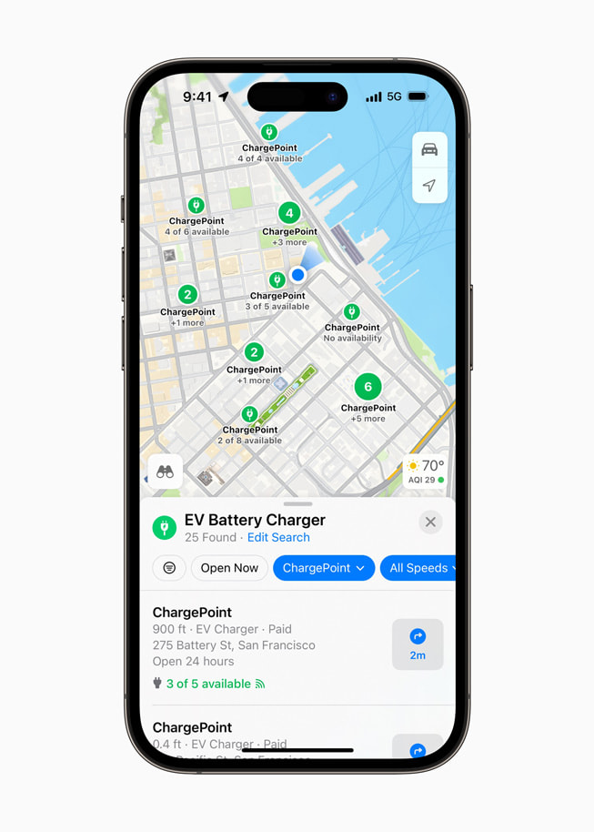 iPhone 14 Pro shows various charging points for electric vehicles in Apple Maps.