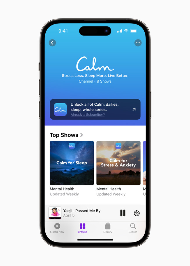 Un iPhone 14 Pro che mostra i programmi principali nell’app Calm.