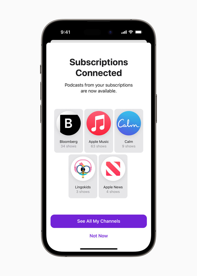 iPhone 14 Pro แสดงรายการพ็อดคาสท์ที่พร้อมให้บริการจากการสมัครสมาชิกต่างๆ ที่เชื่อมโยงกัน