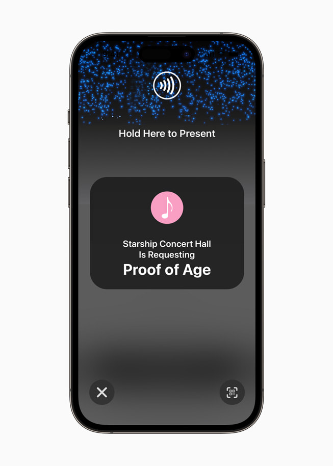 Vue d’un iPhone 14 Pro affichant une demande de preuve d’âge par Starship Concert Hall.