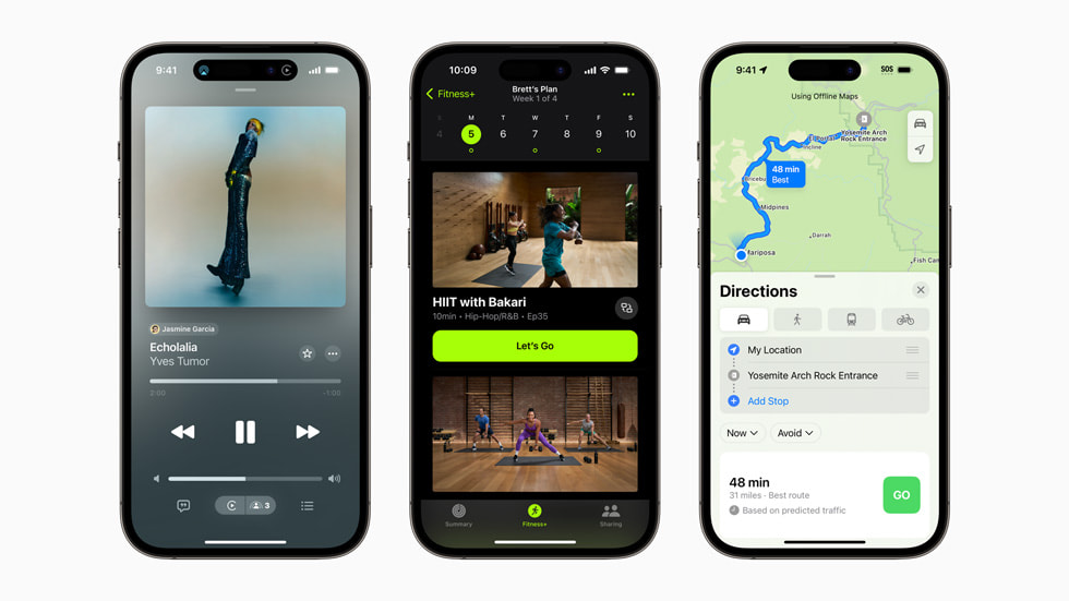 Three iPhone 14 Pro devices show new features coming to Apple services, including SharePlay for the car, Custom Plans, and offline maps.