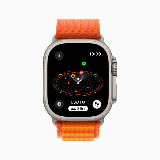 Op Apple Watch Ultra is een routepunt voor de laatste mobieledataverbinding en een routepunt voor de laatste noodoproep te zien.