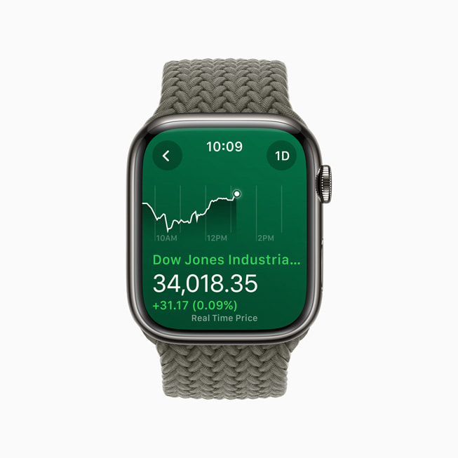 Apple Watch Series 8 shows the Stocks app.