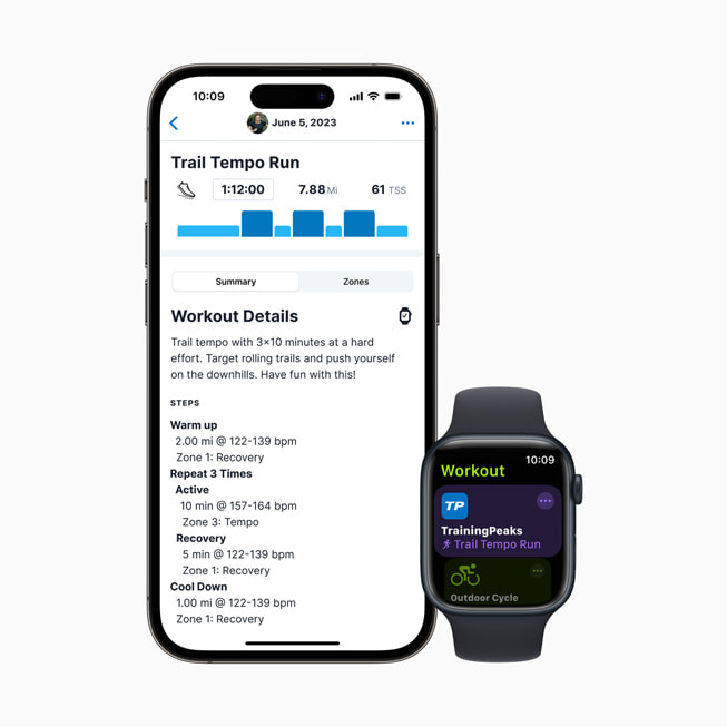 iPhone 14 Pro and Apple Watch Series 8 show a Trail Tempo Run in TrainingPeaks.