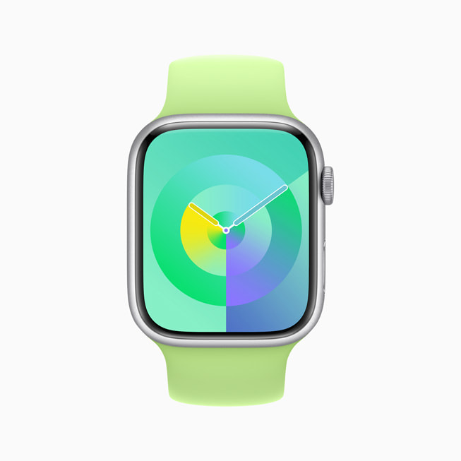La nueva esfera Paleta en color esmeralda en un Apple Watch Series 8.