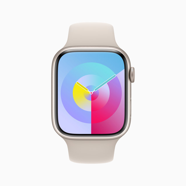 아이리스 색상의 새로운 팔레트 시계 페이스를 보여주는 Apple Watch Series 8.