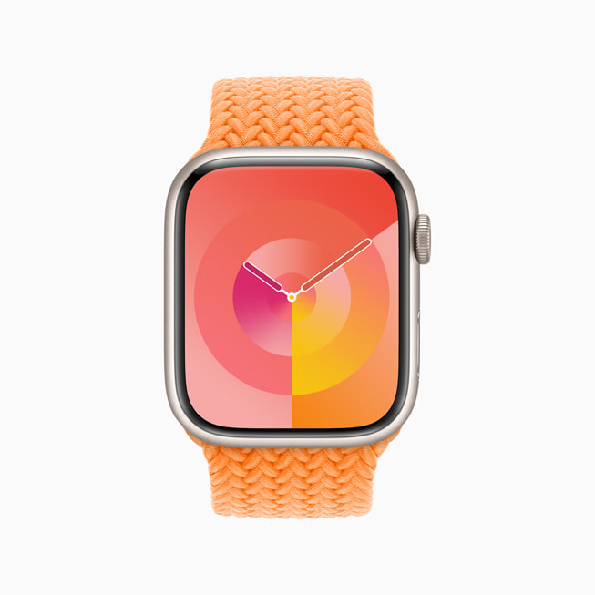 Apple Watch Series 8 shows the new Palette watch face in marigold.