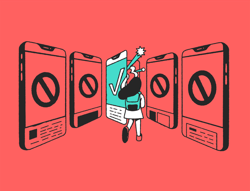 Illustration of girl looking into a phone with a check mark surrounded by phones with a no symbol.