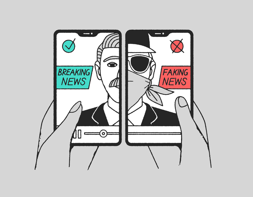 Illustration of two phones showing “breaking news” and “faking news.”