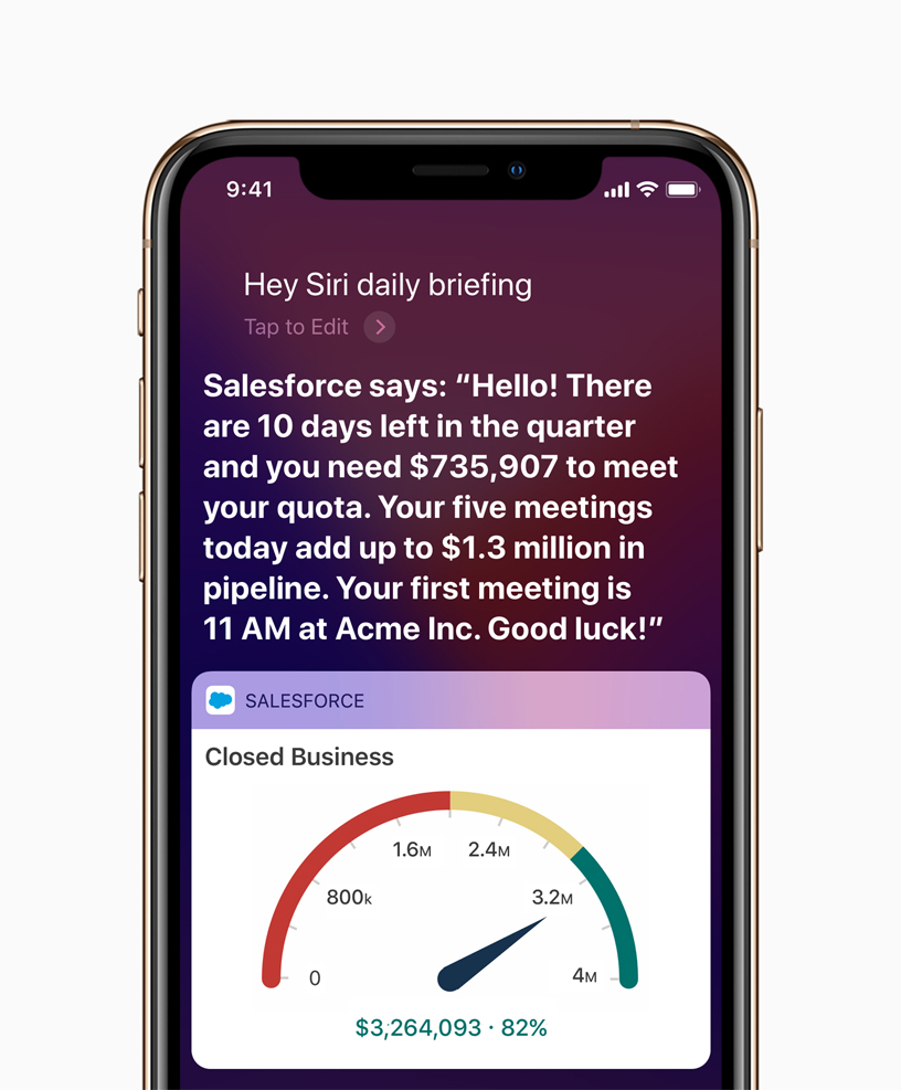 An iPhone screen displaying Siri and Salesforce Einstein Voice.