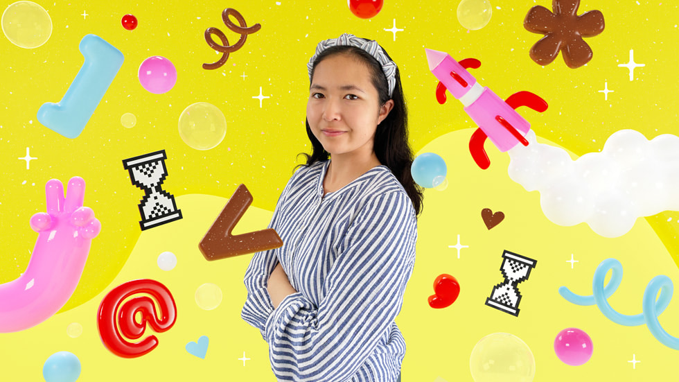 An illustrated photo shows Angelina Tsuboi standing in the middle of doodles and graphics.