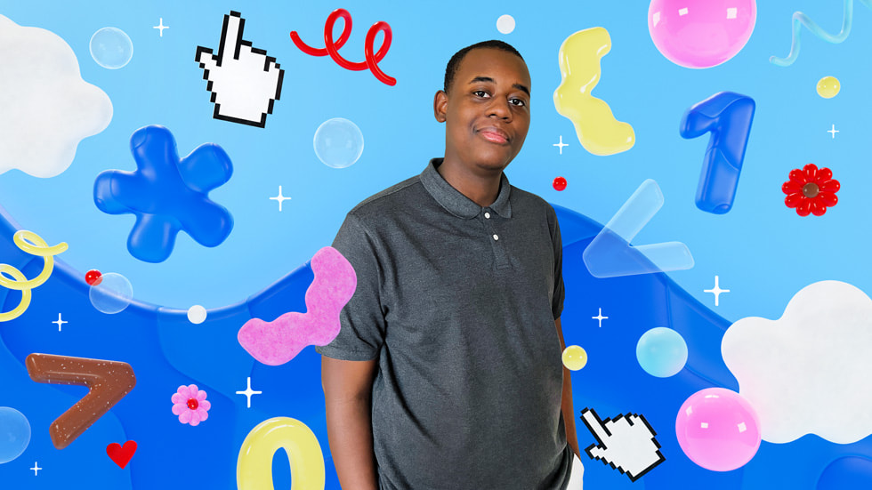 An illustrated photo shows Jones Mays II standing in the middle of doodles and graphics.