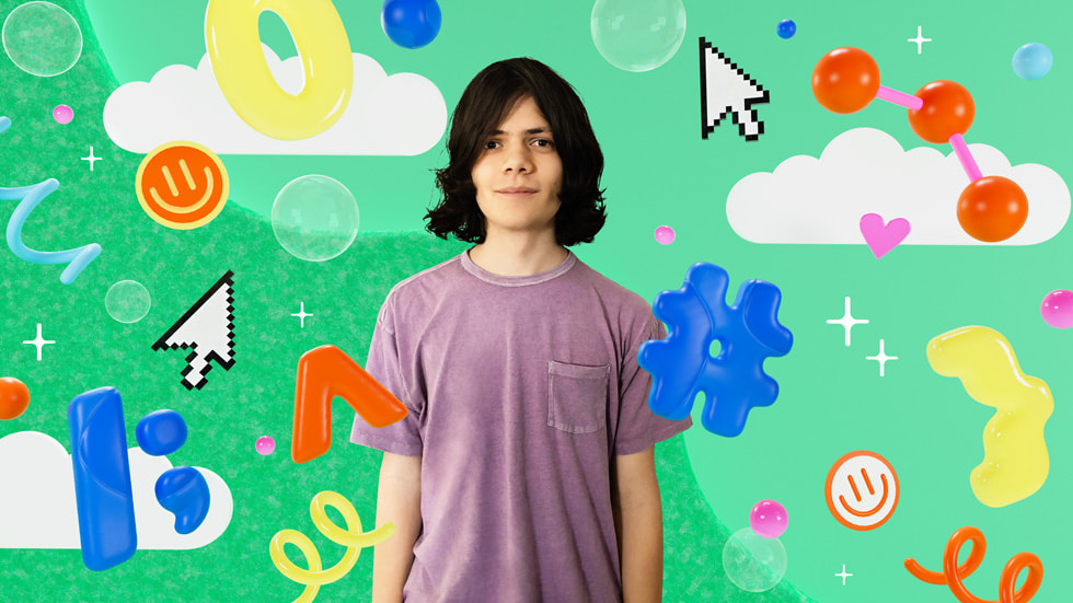 An illustrated photo shows Josh Tint standing in the middle of doodles and graphics. 