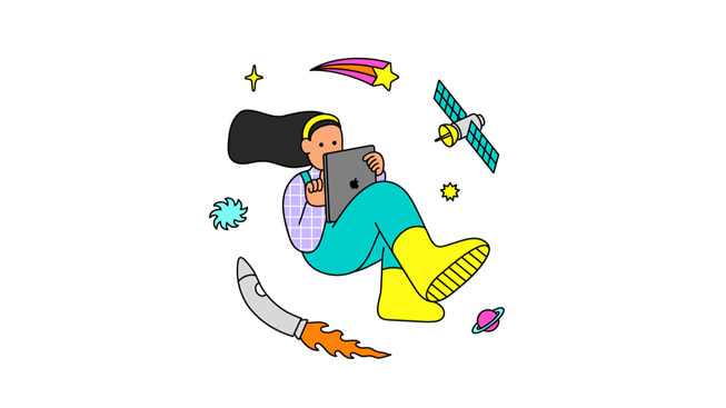 Abstrakcyjna ilustracja przedstawiająca kobietę, która unosi się w przestrzeni kosmicznej i używa iPada.