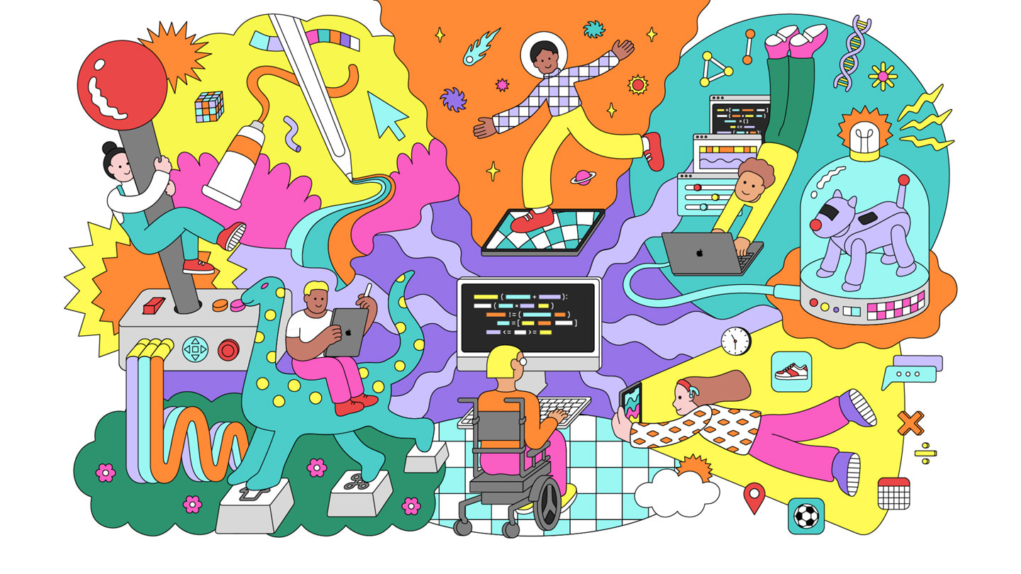 Abstrakcyjna ilustracja przedstawiająca twórców aplikacji i ich prace.