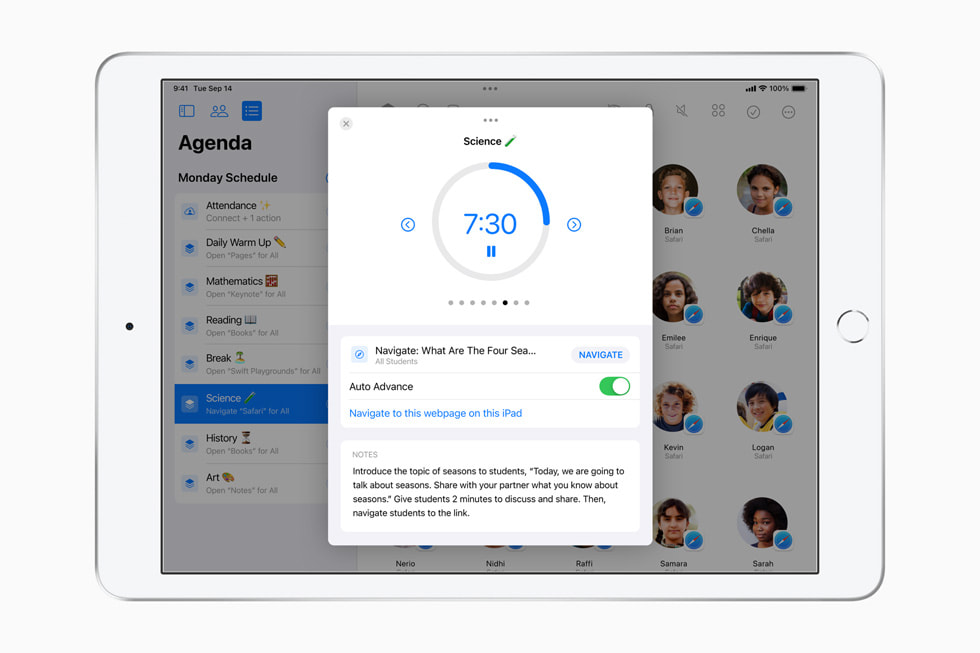 Apple「課堂」app 中的新議程功能，顯示於 iPad。