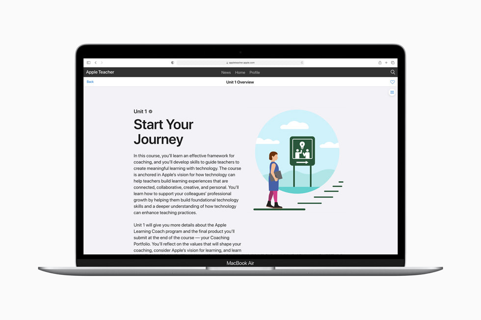 Pagina “Start Your Journey” di Apple Learning Coach su MacBook Air.