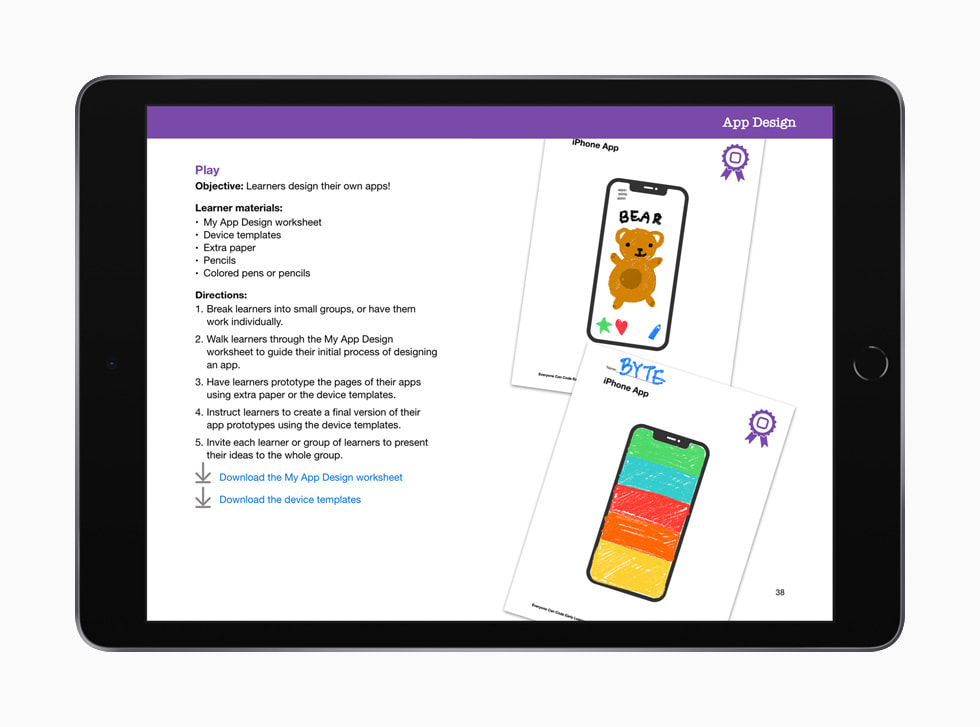 Ćwiczenie My App Design pokazane w przewodniku Everyone Can Code Early Learners na iPadzie.