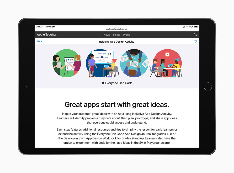 Everyone Can Code Early Learners의 교사 가이드 목차를 보여주는 iPad.