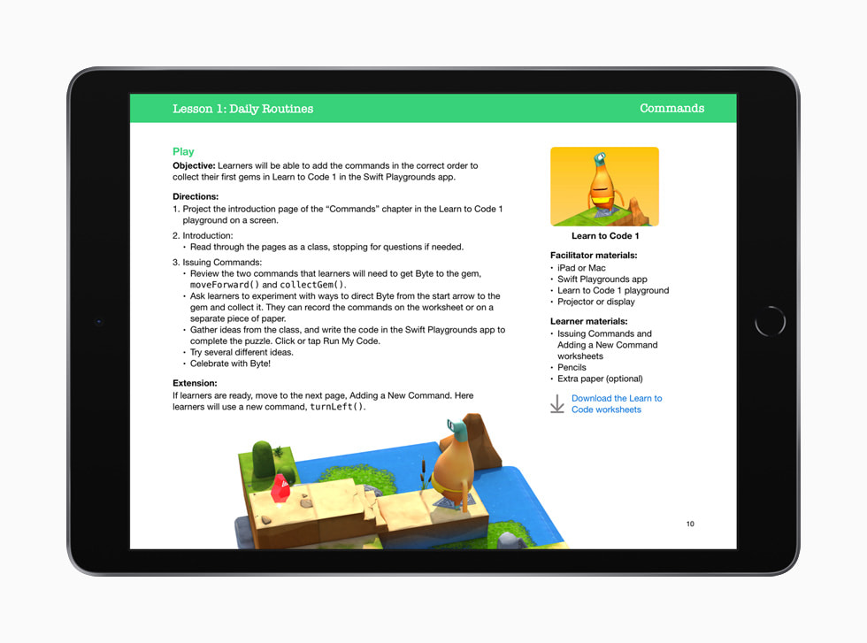 En lektion i at skrive kommandoer i Swift Playgrounds-appen vist i “Alle kan kode – for de yngste elever” på iPad.