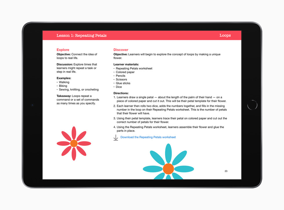 Zajęcia Lesson 1: Repeating Petals pokazane w przewodniku Everyone Can Code Early Learners na iPadzie.