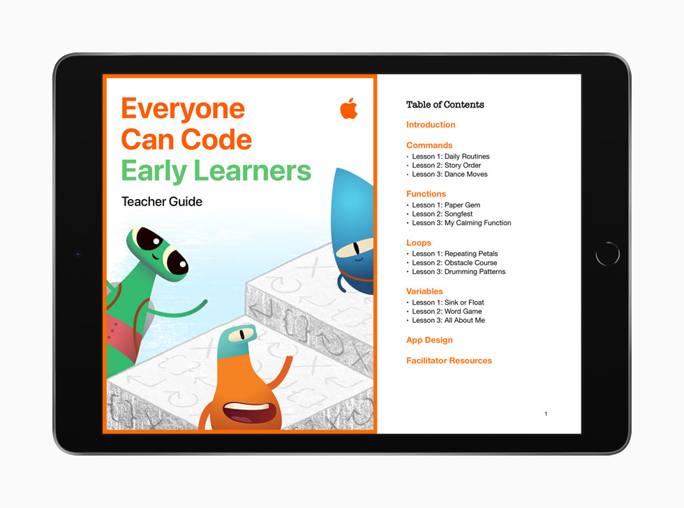 Everyone Can Code Early Learners의 교사 가이드 목차를 보여주는 iPad.