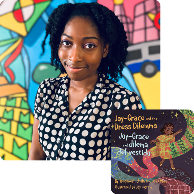 A portrait of Joy Ugwu and the cover art for her co-authored book.