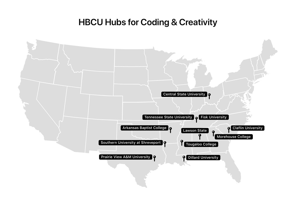 A US map shows the location of each HBCU partner participating in Apple’s Community Education Initiative.