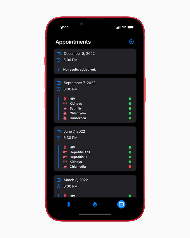 Preppy+ app’s Appointments page on iPhone 14 in PRODUCT(RED).