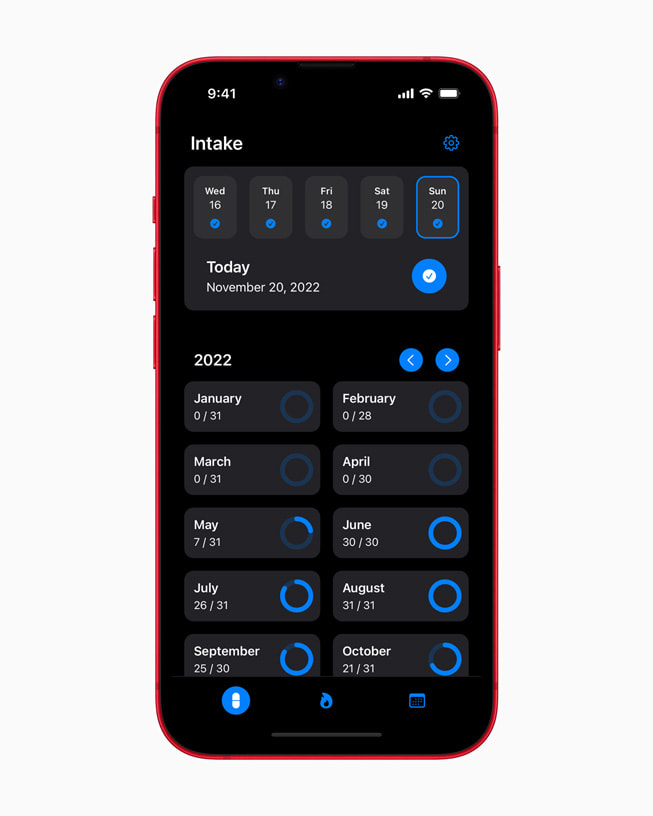 PRODUCT(RED) iPhone 14 顯示《Preppy+》app 的藥物攝取量 (Intake) 頁面。