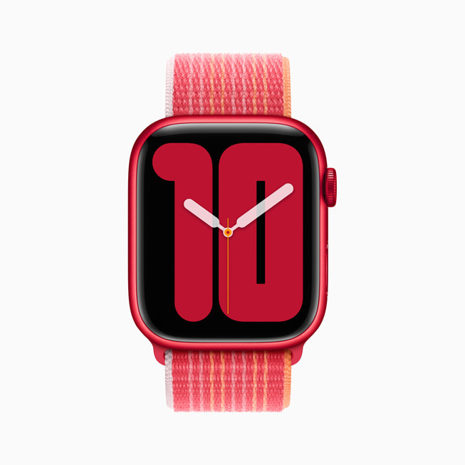 Il quadrante Cifre Mono in rosso su un Apple Watch Series 8 (PRODUCT)RED con cassa in alluminio e cinturino Sport Loop.