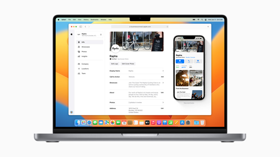 The Apple Business Connect screen appears on MacBook Pro.