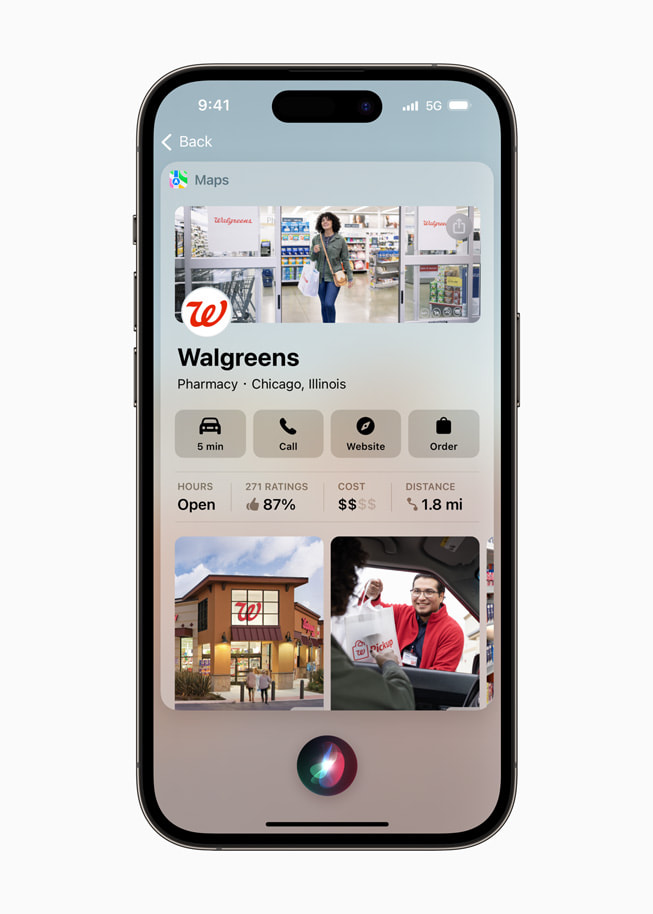 La fiche d’un établissement Walgreens de Chicago est affichée dans Apple Plans.