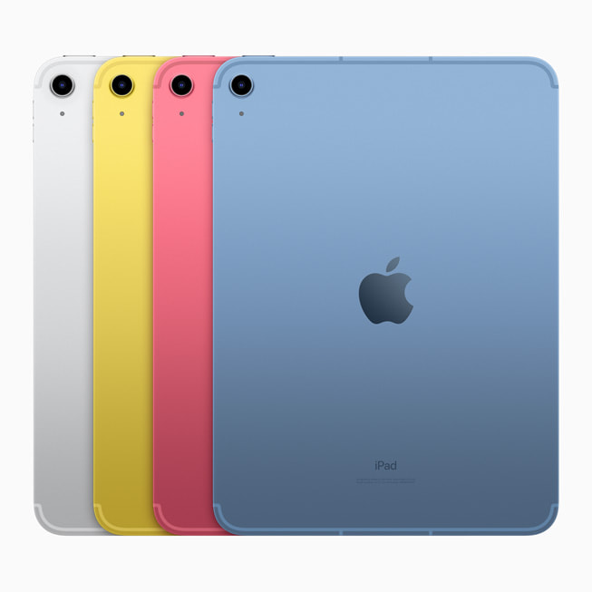 iPad in de kleuren zilver, geel, roze en blauw.