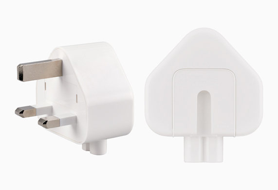 The recalled white AC three-prong wall plug adapter.