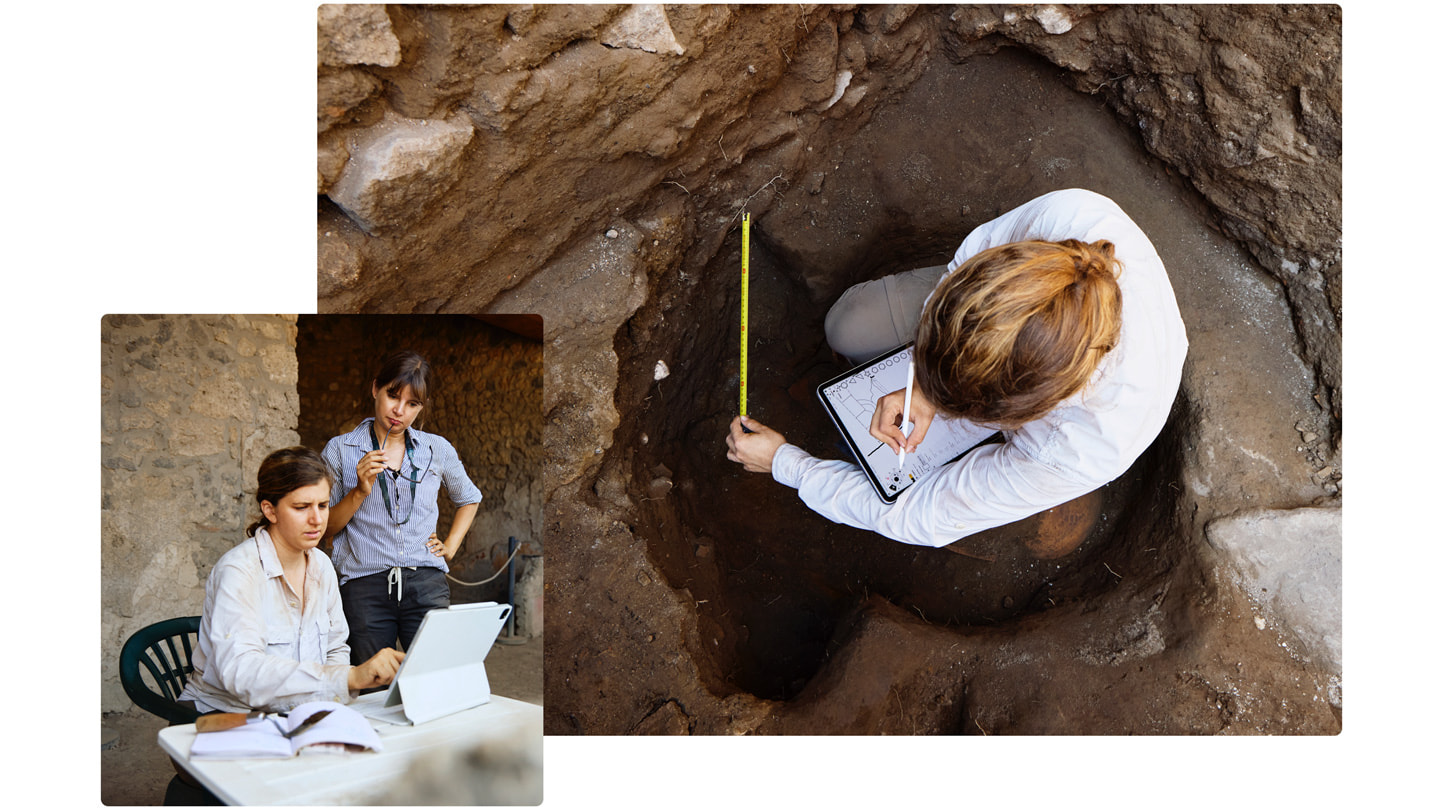 TKTK The main image shows Farrior in an excavation pit measuring while sketching on iPad Pro with Apple Pencil. A smaller, inset image shows Farrior sitting at a desk in front of iPad Pro with Magic Keyboard as Dr. Emmerson stands behind her.