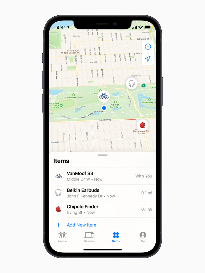 Find My 物品列表把多個日常物件納入同一張定位網路｜來源：Apple Newsroom