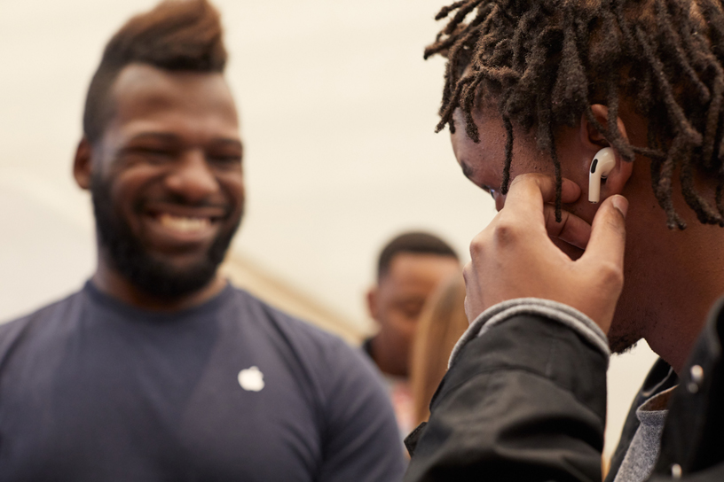 A customer tries on AirPods Pro at Apple Regent Street in London.