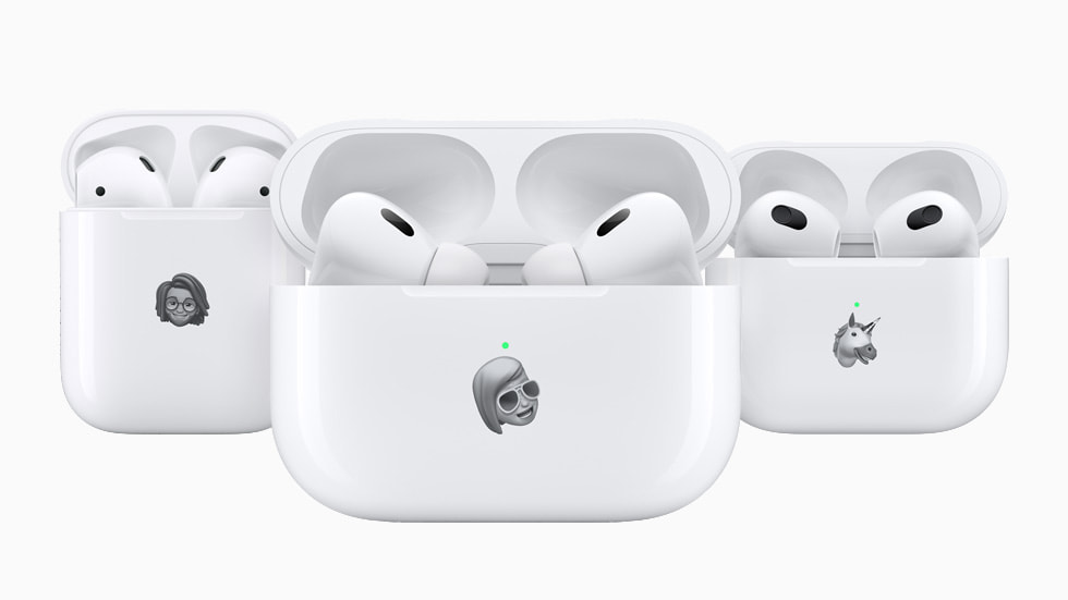 Personalised Memoji and Animoji on AirPods (2nd generation), AirPods (3rd generation) and AirPods Pro (2nd generation) cases.