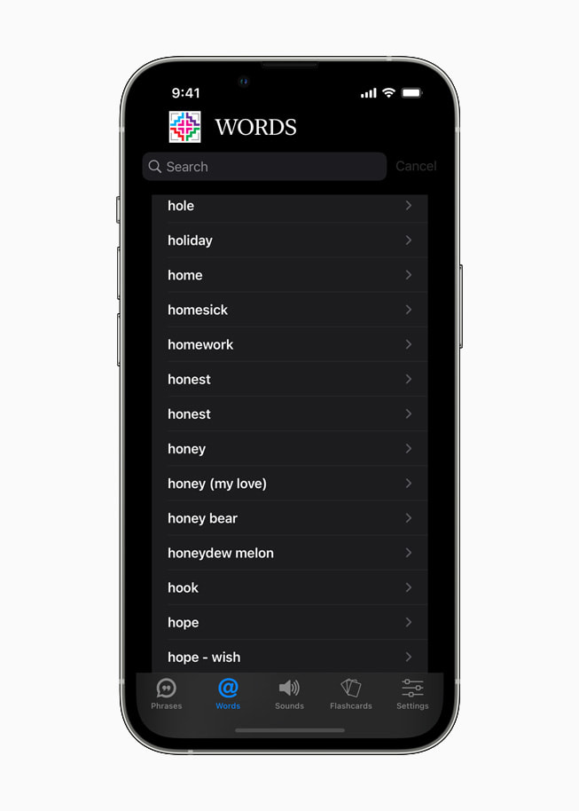 사용자에게 선택할 수 있는 단어 메뉴를 보여주는 HmongWords 앱.