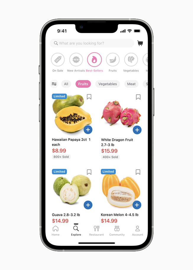 Best-selling fruit products are shown in the Weee! Grocery app on iPhone.