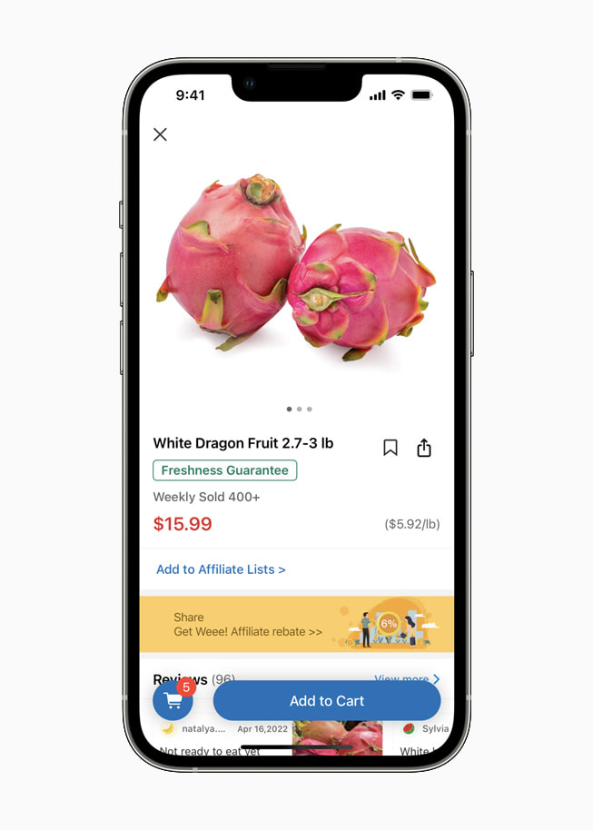 A product page in the Weee! Grocery app shows prices and availability of white dragon fruit.