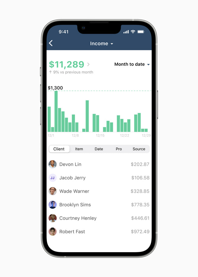 Monthly income breakdown on the PocketSuite app.